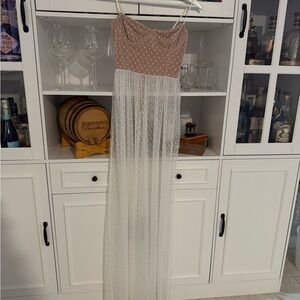 White Fox Elegant Tan and White Polka Dot Maxi Dress (shorts included)